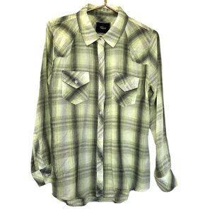 Rails Neon Green Black Plaid Long Sleeve Shirt M Button Down Flap Pockets
